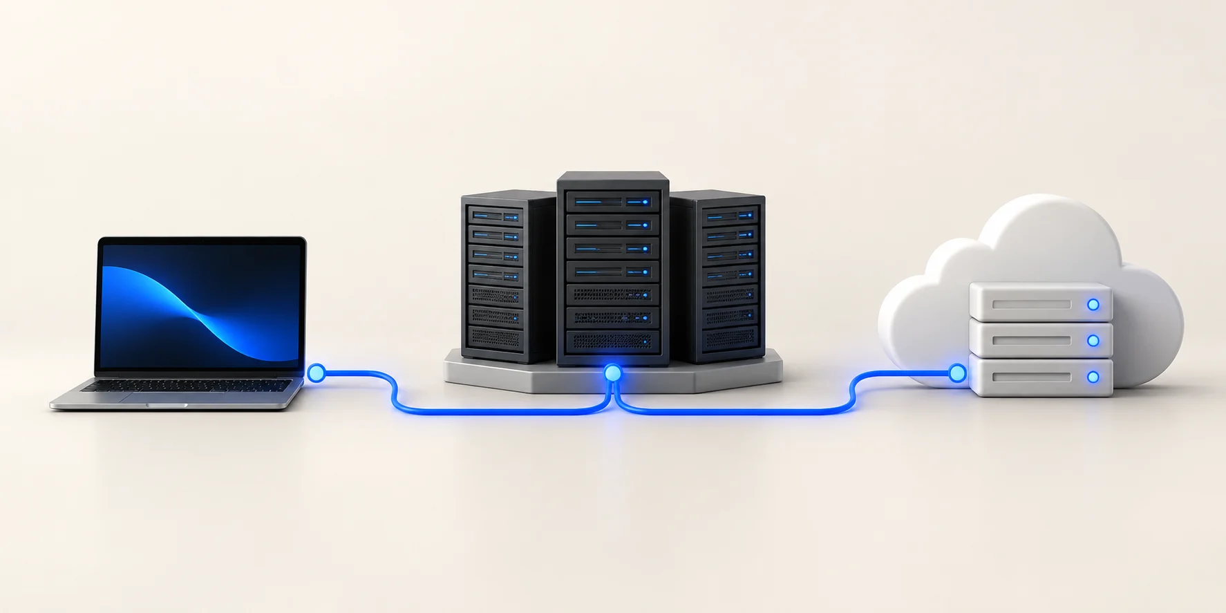 A laptop, private server cluster, and cloud infrastructure connected as three destinations for AI workloads
