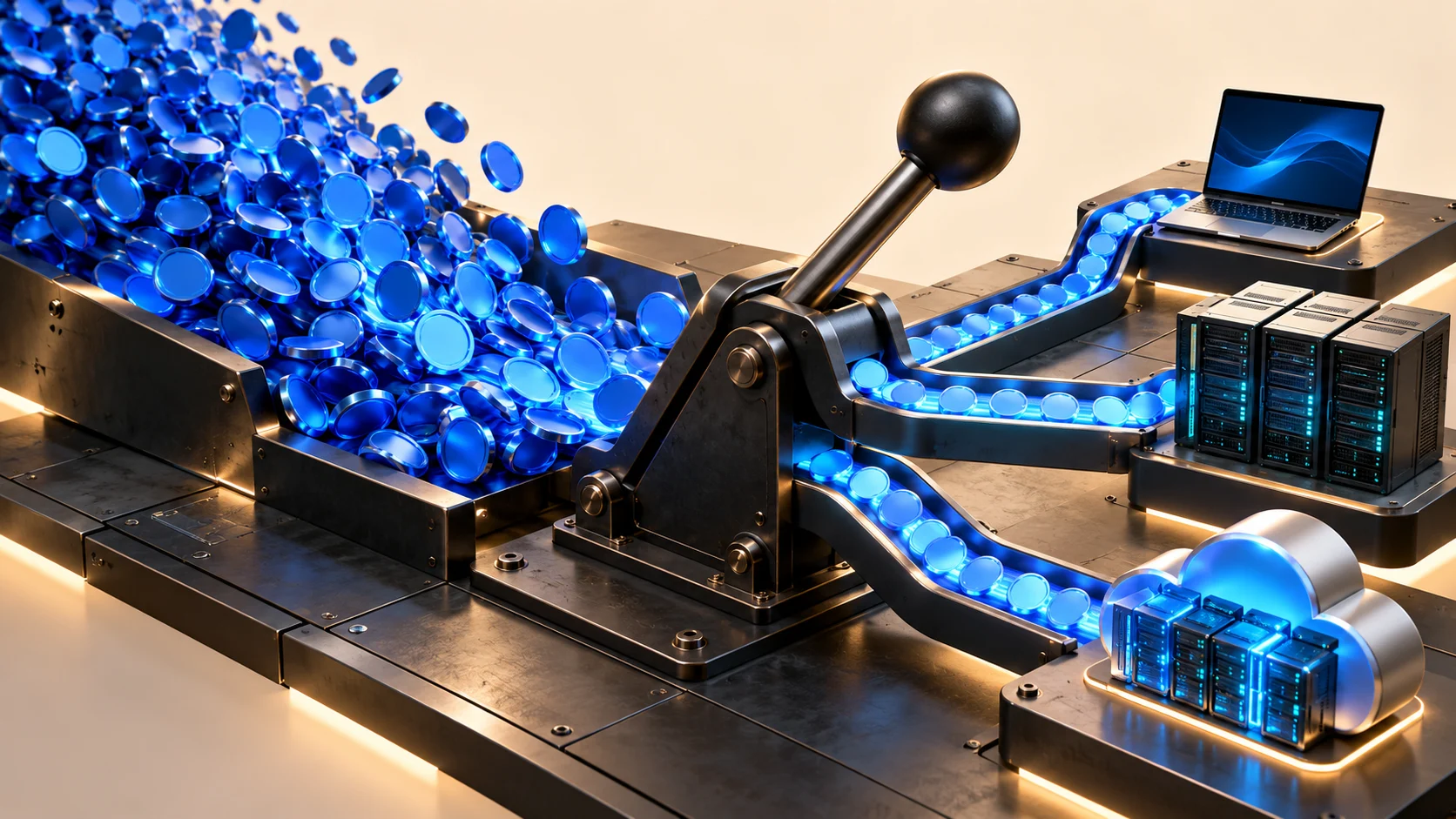 A physical routing lever directing a flood of AI token units toward a laptop, private servers, and cloud infrastructure