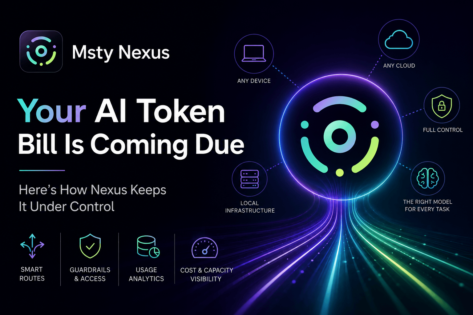 Msty Nexus token saver cover artwork showing AI token cost control through a governed gateway