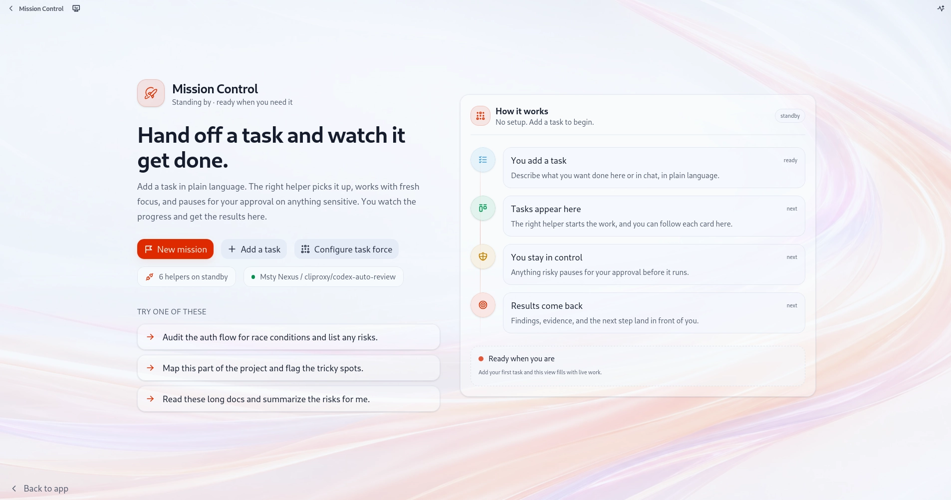 Mission Control dashboard overview showing a mission goal with tasks in queue, working, review, and approval states