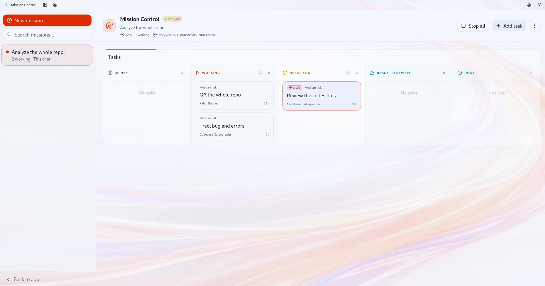 Mission Control task cards grouped around a single mission goal with helper assignments and task states