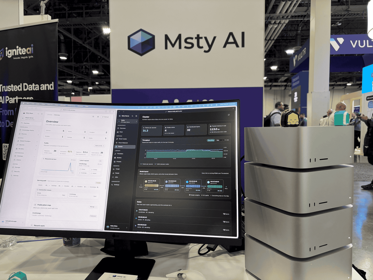 Msty AI booth at Ai4 2026 showing Msty Nexus running beside a stack of Mac Studios