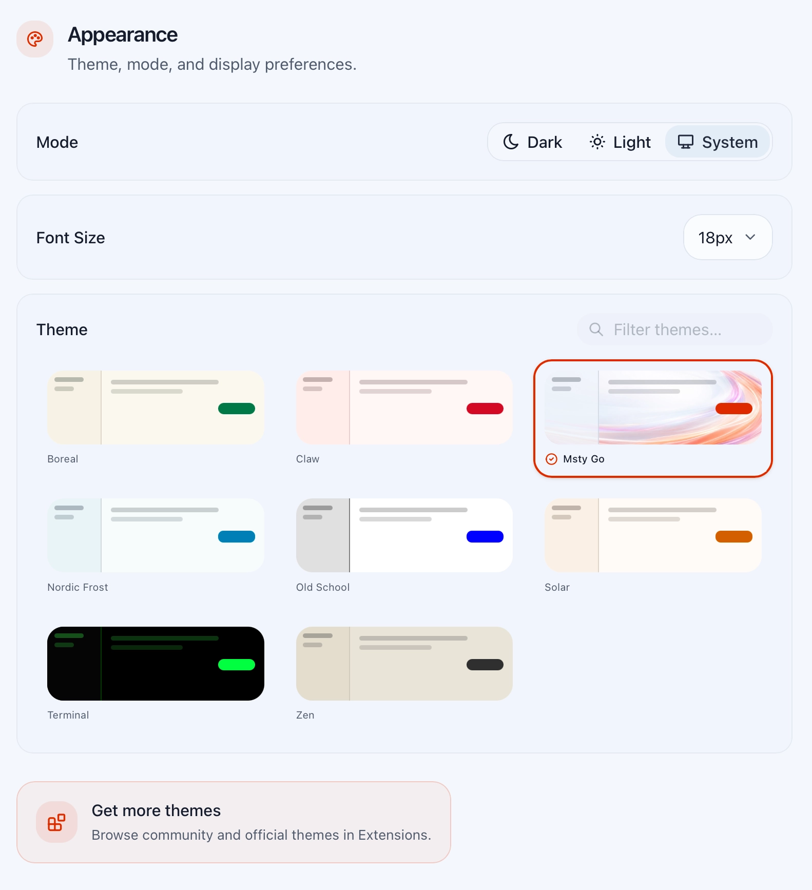 Appearance settings showing the theme picker with the Msty Go theme selected and Claw still available