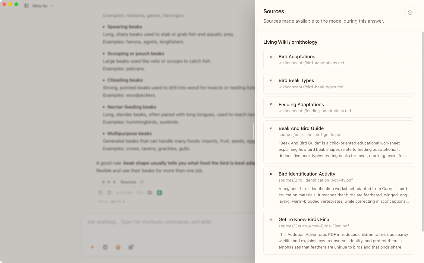 Msty Go answer with a Living Wiki sources panel showing referenced wiki pages and source PDFs