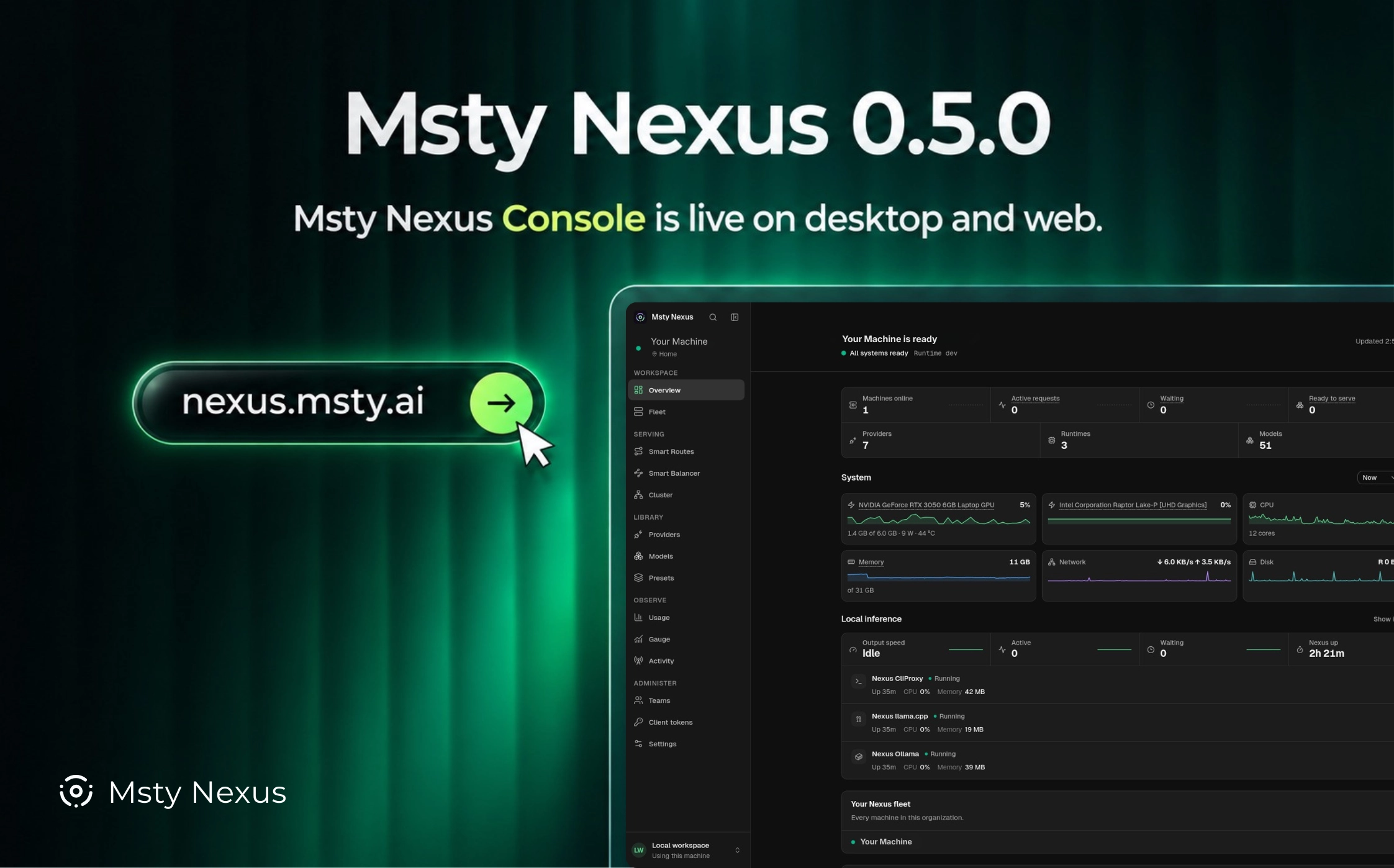 Msty Nexus 0.5.0 release artwork showing the console, Smart Routes, usage reporting, and a connected workspace view