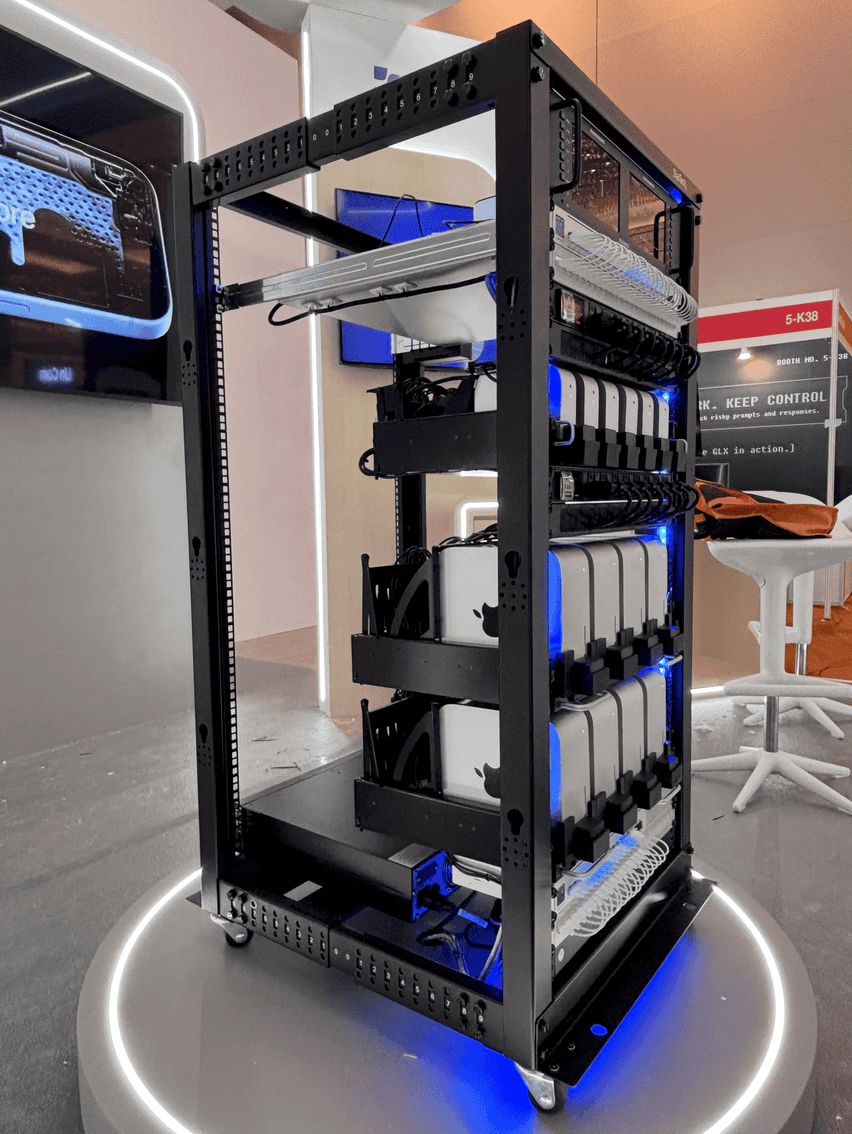 Side view of the Mac Hive showing its networked Apple hardware and cabling