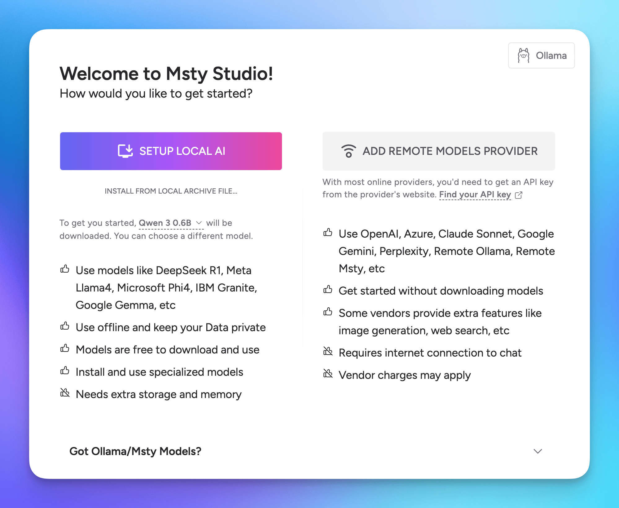 Msty Studio onboarding screen