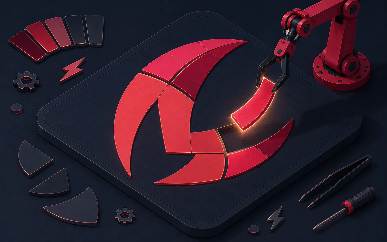 A mechanical claw arm placing the final glowing tile into a claw-shaped mosaic of extension pieces