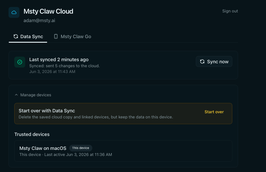 Cloud Sync device management showing trusted devices, sync status, and phone pairing options