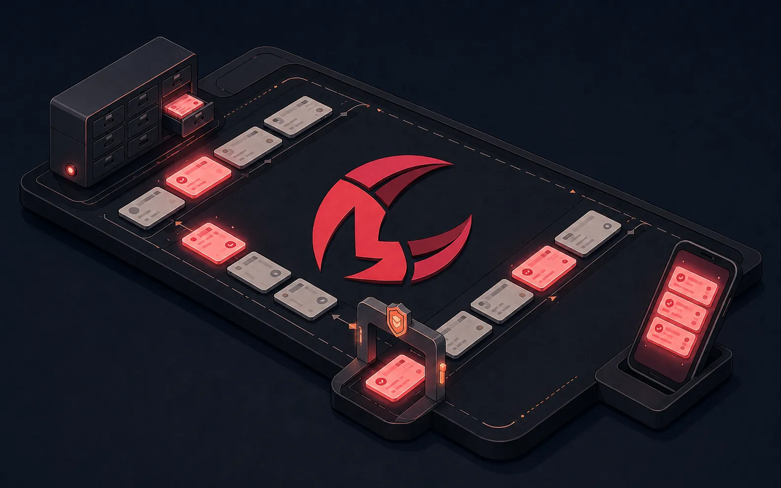 A mission control board where task cards flow through approval gates between an archive, a claw emblem, and a phone