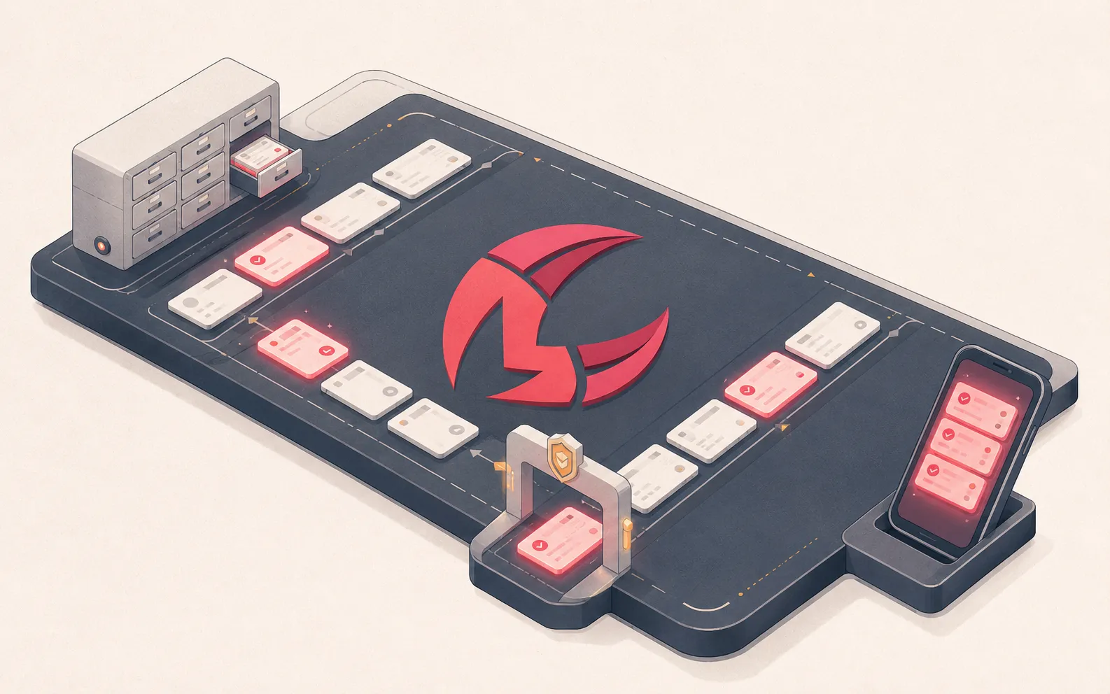 A mission control board where task cards flow through approval gates between an archive, a claw emblem, and a phone