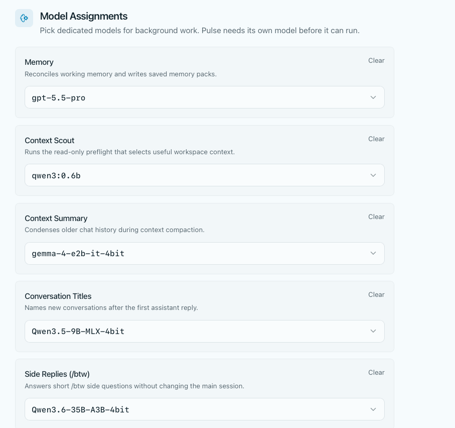 Model routing configuration showing local and cloud provider assignments with health checks