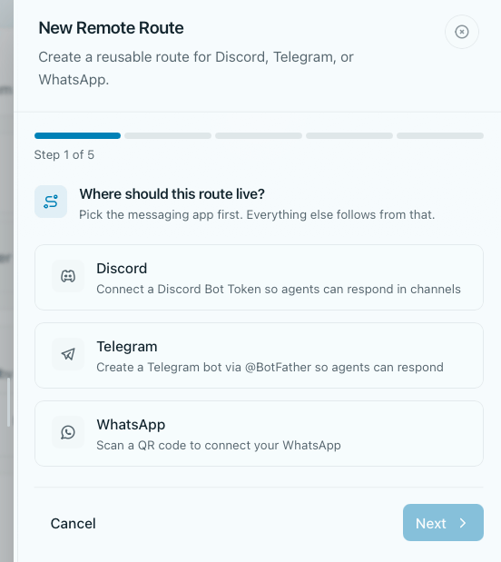 Channels configuration showing remote routes for Telegram, Discord, and WhatsApp