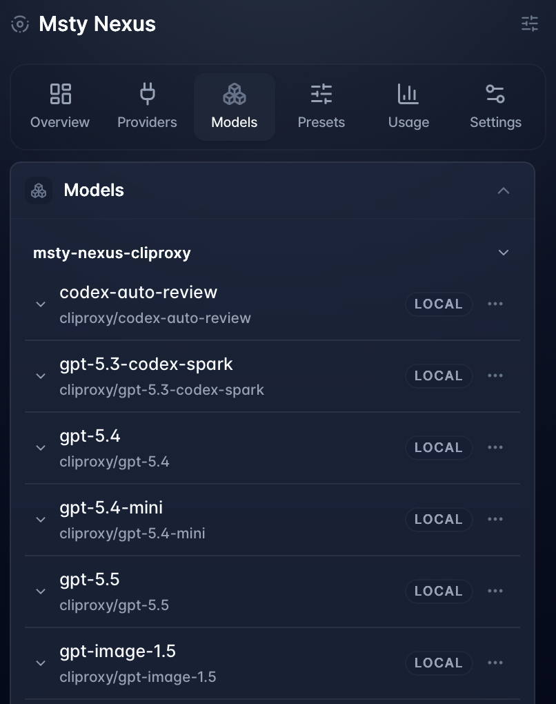 Msty Nexus models screenshot