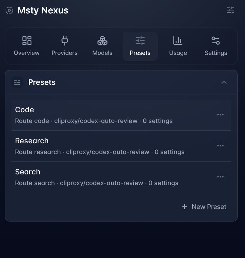 Msty Nexus presets screenshot
