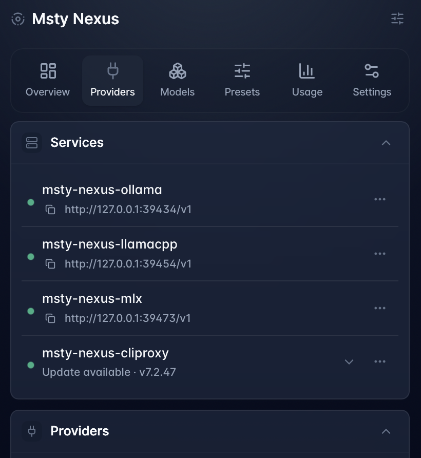 Msty Nexus providers screenshot