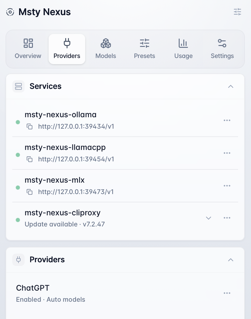 Msty Nexus providers screenshot