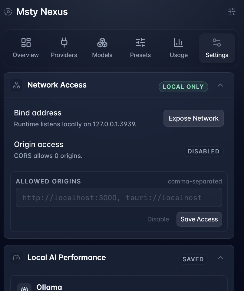 Msty Nexus network access settings screenshot