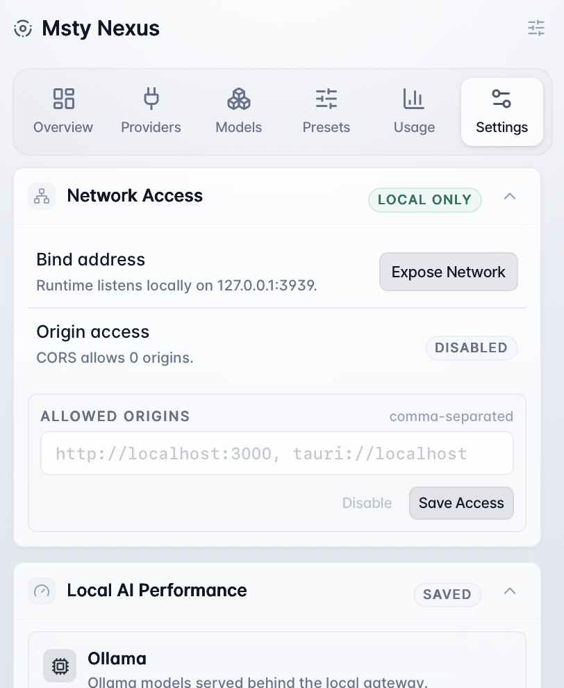 Msty Nexus network access settings screenshot
