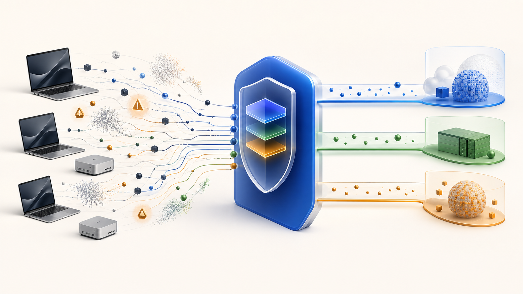Illustration of unmanaged AI requests from Apple devices becoming organized through a central governance gateway into controlled local, private, and online routes.